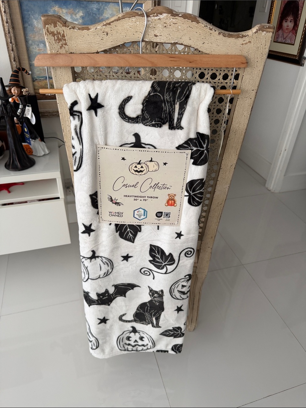 Casual Collection Halloween White & Black "Bats/Cats/Pumpkins" Throw Blanket